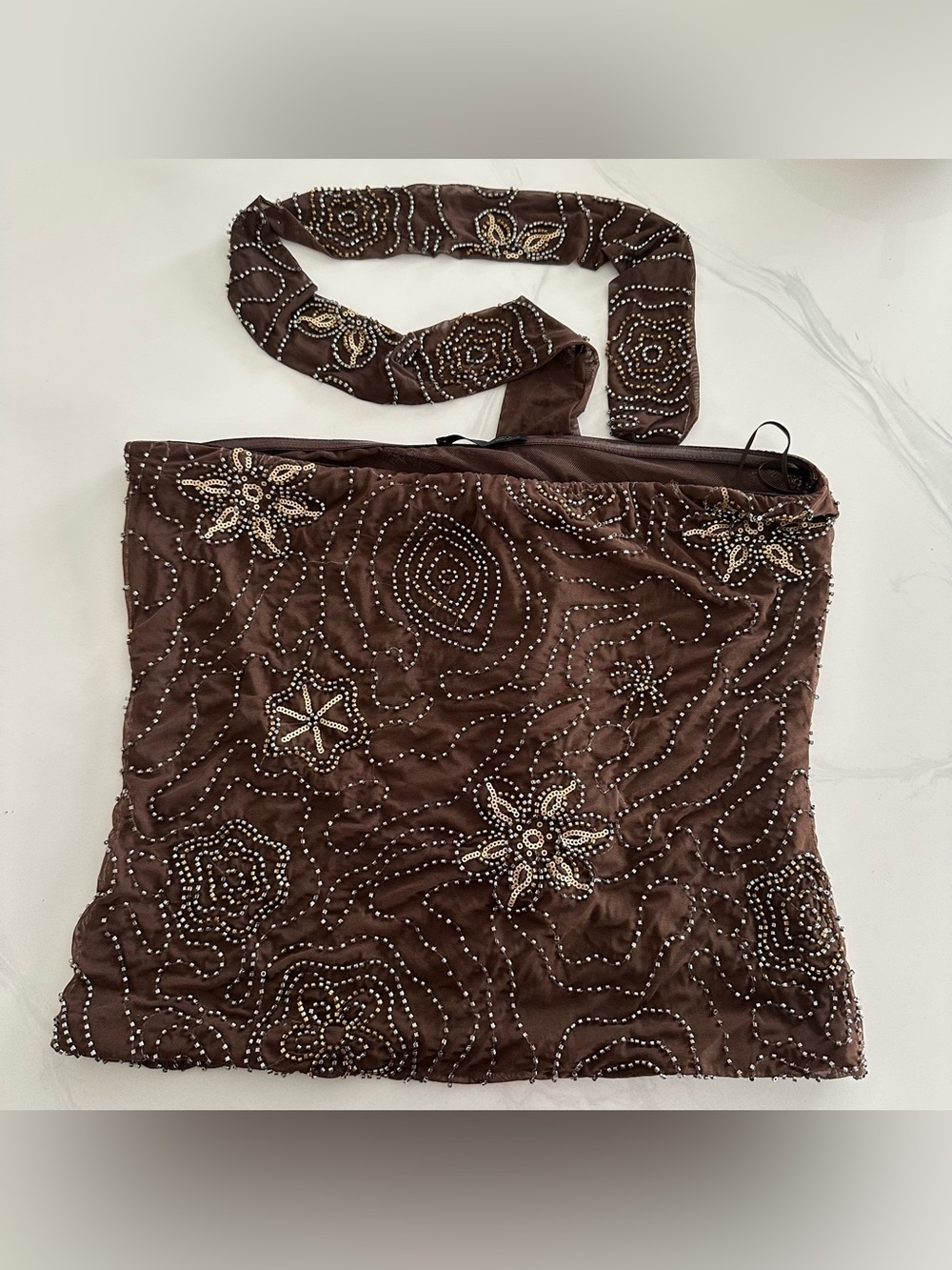 ZARA Brown & Gold beaded embroidered sequin strapless tube top blouse